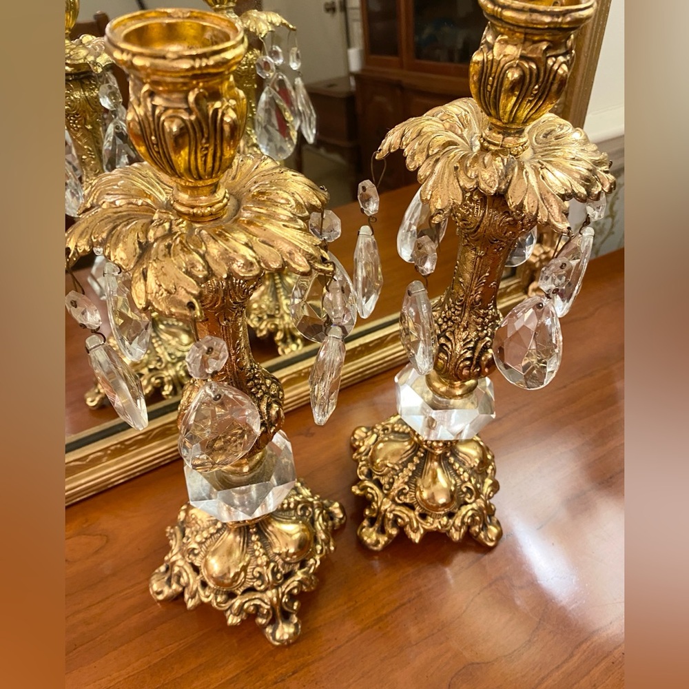 Antique 1952 Hollywood Regency Brass Cut Crystal Candlesticks With Prisms RARE! - Picture 6 of 10